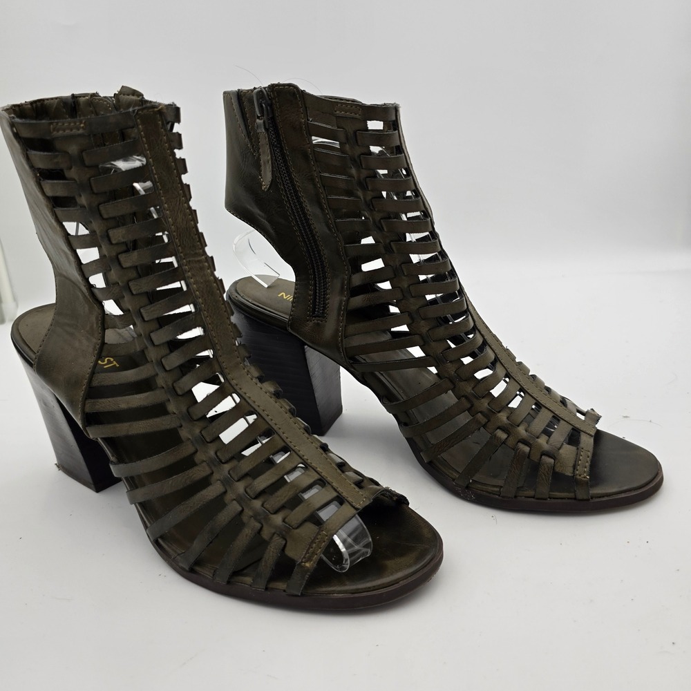 NineWest Womens 10 Hangtuff Olive Green Gladiator Woven OpenToe High Heel Bootie